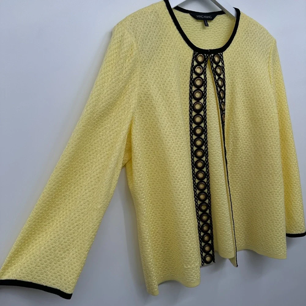 Ming Wang Cardigan Jacket Large Knit 3/4 Sleeve Shoulder Pads Office Career Boho